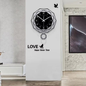 A Minimalist Polygon Wall Clock with a geometric frame and bird decals adorns a minimalist living room wall, featuring the words "LOVE Happy Home Time" and a delicate bird figure below.