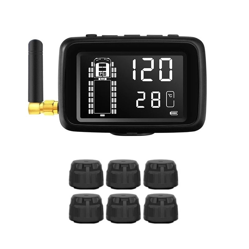 The Tire Pressure & Temperature Monitoring System displays numeric readings and a vehicle diagram with six black sensor caps to enhance driving safety.