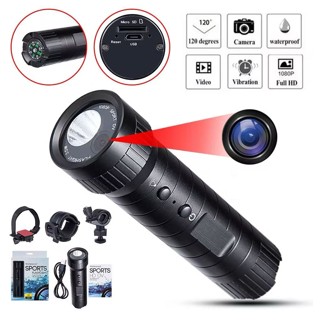 The Outdoor Flashlight SpyCam is a black cylindrical sports camera with lens, control buttons, and accessories such as mounts and bands. It offers waterproofing, 120° wide angle view, vibration alerts, 1080p resolution, and long battery life.