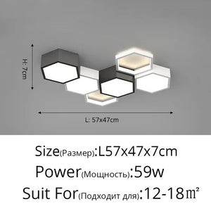 Hexagonal Ceiling Light in black and white, 57x47x7 cm, 59W—ideal geometric ceiling lamp for 12-18㎡ rooms. Perfect as a stylish modern dining room light.