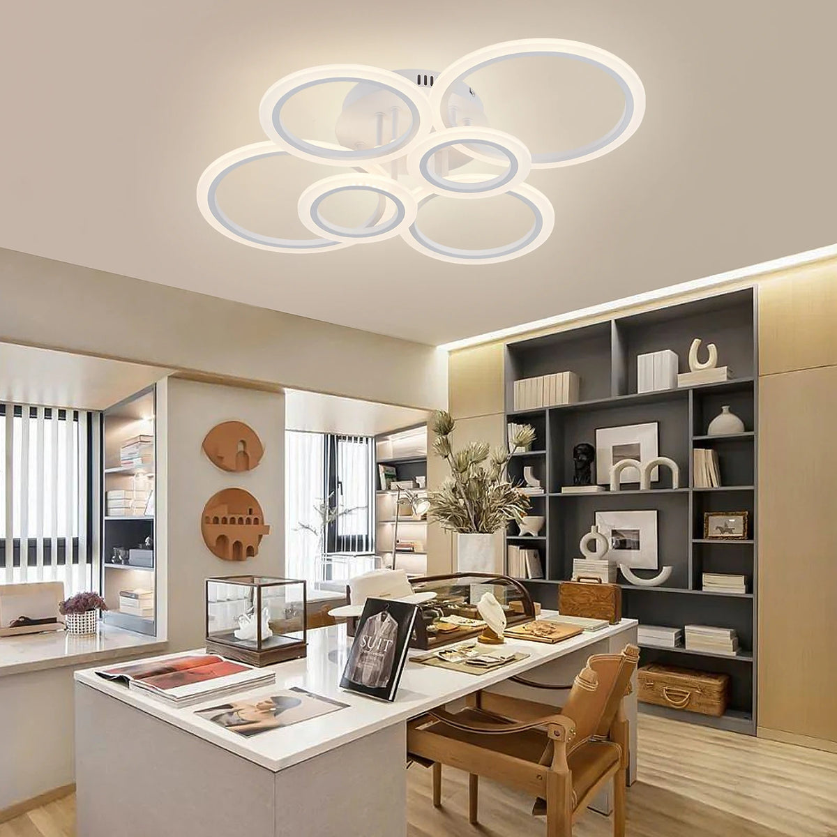 Modern, well-lit office with decorative shelves, art pieces, books, and a Smart Circle Ceiling Light featuring adjustable brightness. Large desk holds magazines, baskets, and a vase with dried flowers.