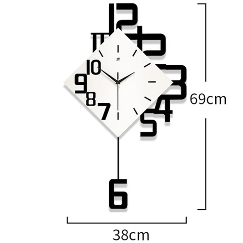 The Minimalist Numeric Wall Clock features a tilted square face, black minimalist hands, large black numbers extending beyond the frame, and measures 69cm tall by 38cm wide.