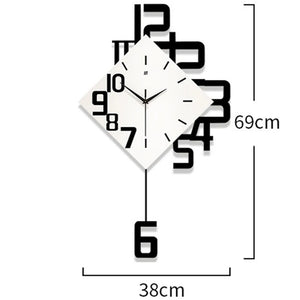 The Minimalist Numeric Wall Clock features a tilted square face, black minimalist hands, large black numbers extending beyond the frame, and measures 69cm tall by 38cm wide.