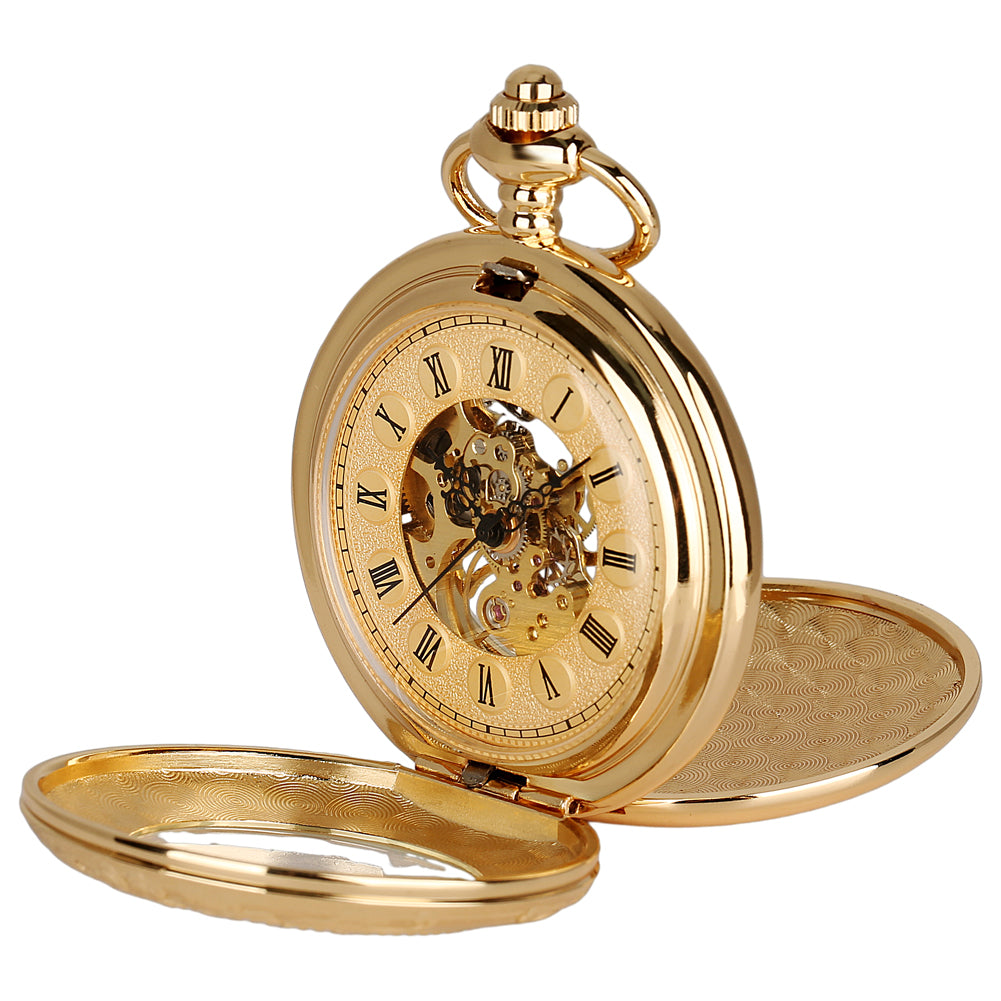 The Golden Roman Pocket Watch features a gold skeleton movement, Roman numerals, and an open cover that reveals its intricate inner gears.