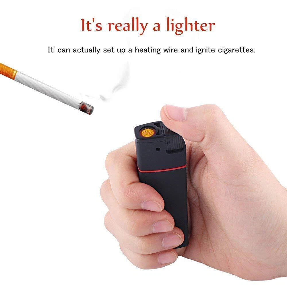 A hand holds a SpyCam Lighter with a glowing coil near a lit cigarette, showing its dual use for lighting cigarettes and discreet real-time video recording.