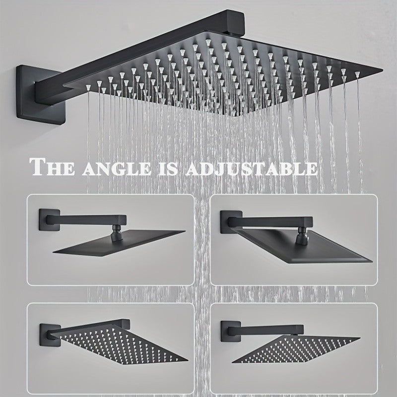 The Black Wall Mounted Switch & Handheld Shower is featured from various angles, highlighting its adjustable tilt and consistent water flow. With a matte black finish, this shower set brings a sleek, modern look to any bathroom. White text on the image reads, “The angle is adjustable.”.