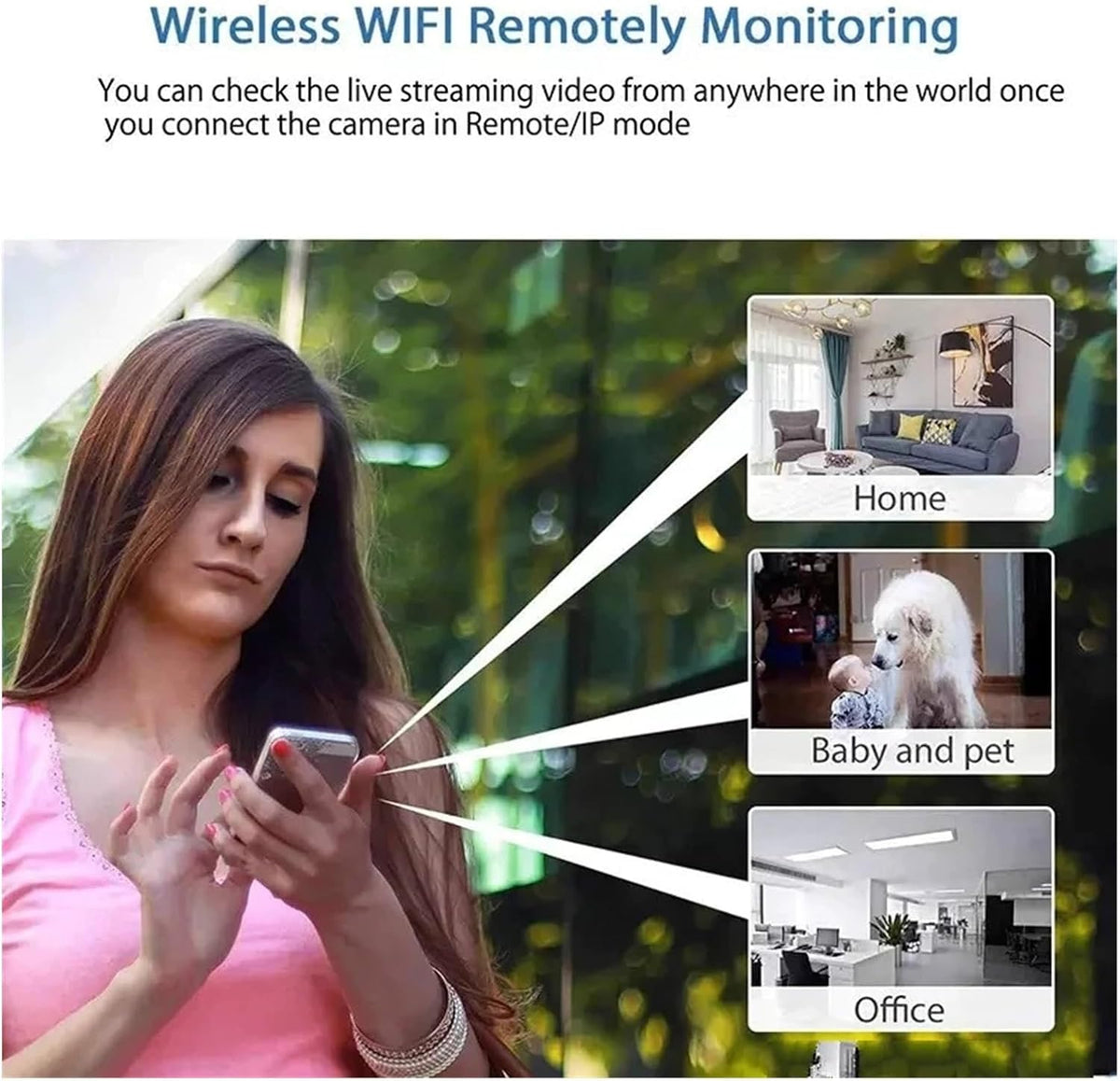 A woman checks her phone; three inset images display real-time video from a home, nursery, and office—demonstrating the Smart Electrical Outlet SpyCam's advanced wireless WiFi remote monitoring features.