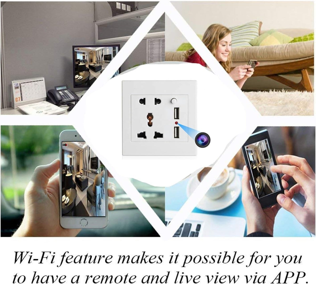 Collage featuring the Smart Electrical Outlet SpyCam with USB ports, showing people monitoring a room in real time on their phones and a woman using a laptop.
