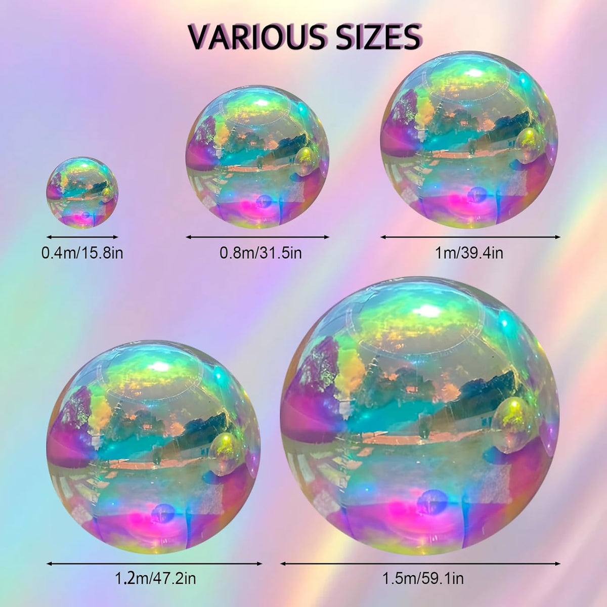 Five Inflatable Gazing Balls in sizes 0.4m, 0.8m, 1m, 1.2m, and 1.5m are shown on a pastel gradient background—ideal as vibrant garden decor or fun pool accents.