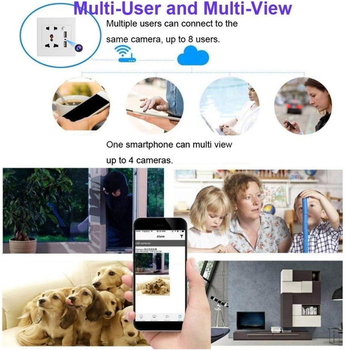 Collage showing multiple people using the Smart Electrical Outlet SpyCam app for remote viewing, with text highlighting multi-user access, multi-view support, and real-time recording for added peace of mind.