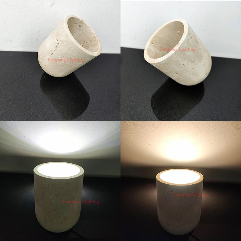 The Natural Stone Lamp—a cylindrical yellow cave stone light fixture—is displayed from side and top perspectives, illustrating its minimalist design and warm white glow. As a sculptural table lamp, it emphasizes the beauty of natural stone while seamlessly merging form with function.