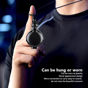 A person in a black shirt holds up the Necklace SpyCam, a round, black camera worn as a necklace. Text beside them highlights its versatility and convenience for discreet recording.