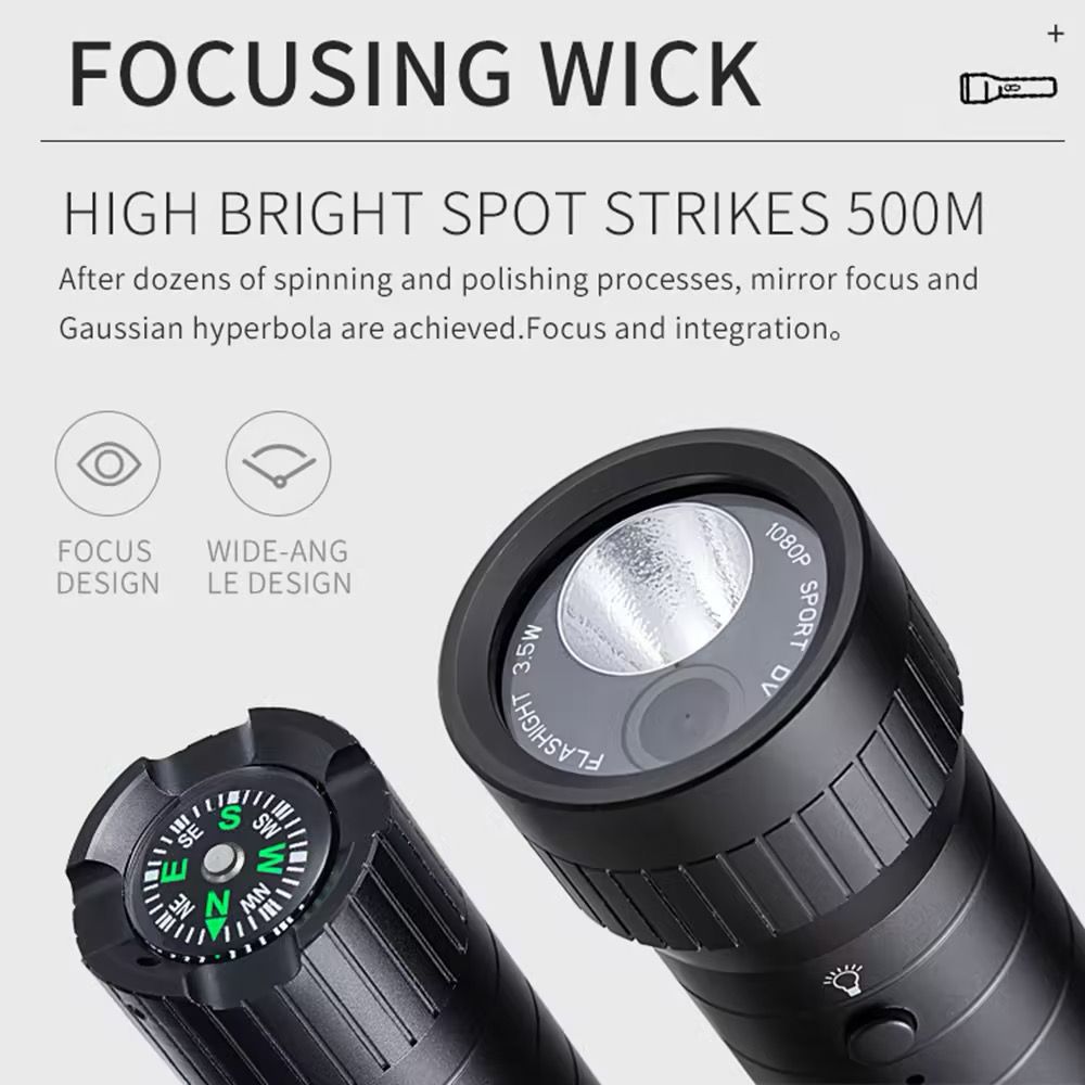 Close-up of the Outdoor Flashlight SpyCam in black, featuring a waterproof build, focusing lens, built-in compass, and 500-meter spot beam—ideal for adventure with its rugged design.