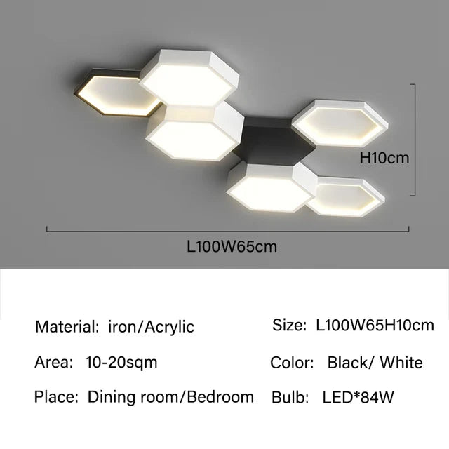 The Hexagonal Ceiling Light features six illuminated segments, crafted from high-quality material, available in various sizes and colors. Detailed specs provided; ideal for modern dining room lighting and other contemporary spaces.