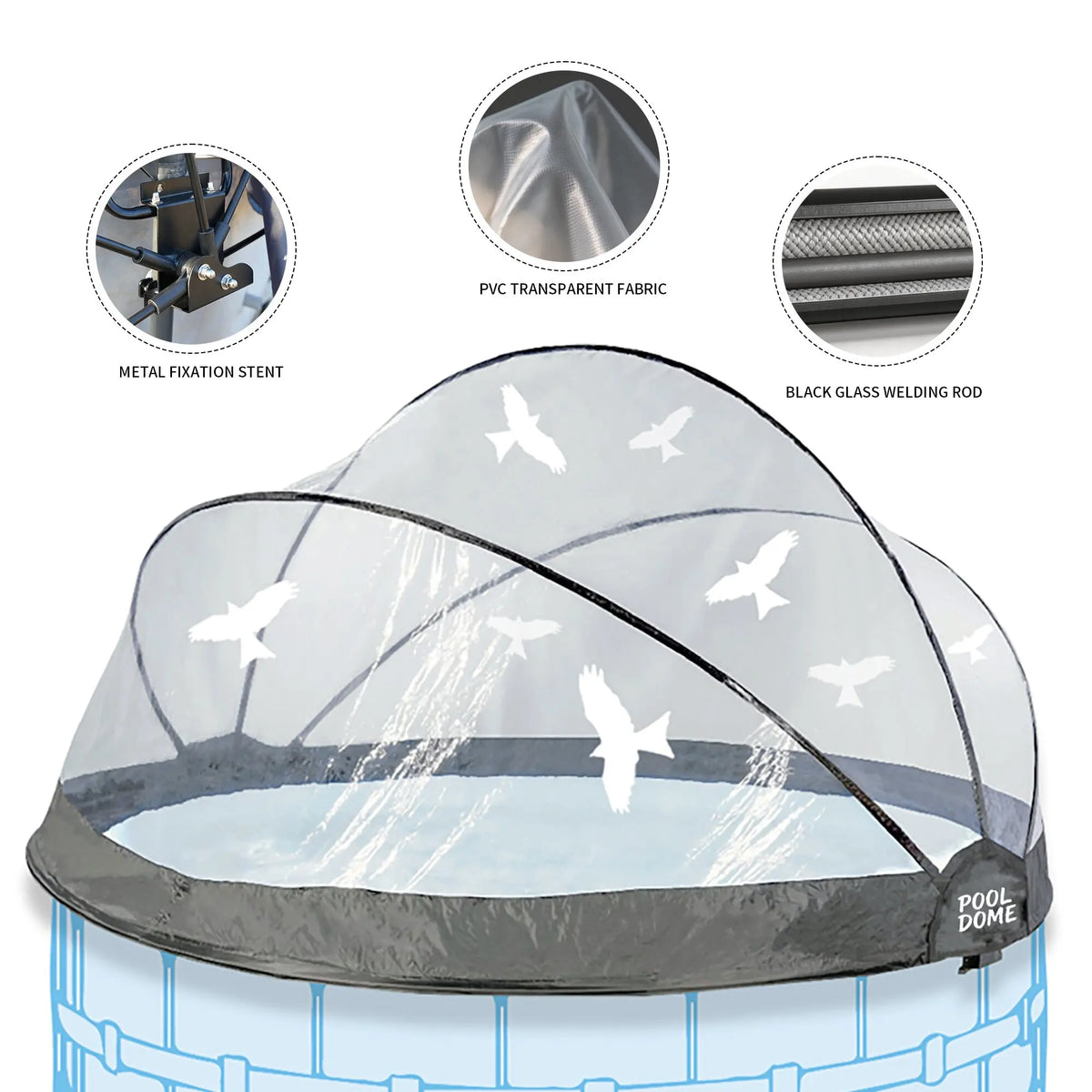 The Large Outdoor Above Ground Pool Cover features a transparent clear dome with bird silhouettes, installed over a round pool; detail insets highlight the use of metal stents, PVC fabric, and welding rods—making it an ideal outdoor pool dome solution.