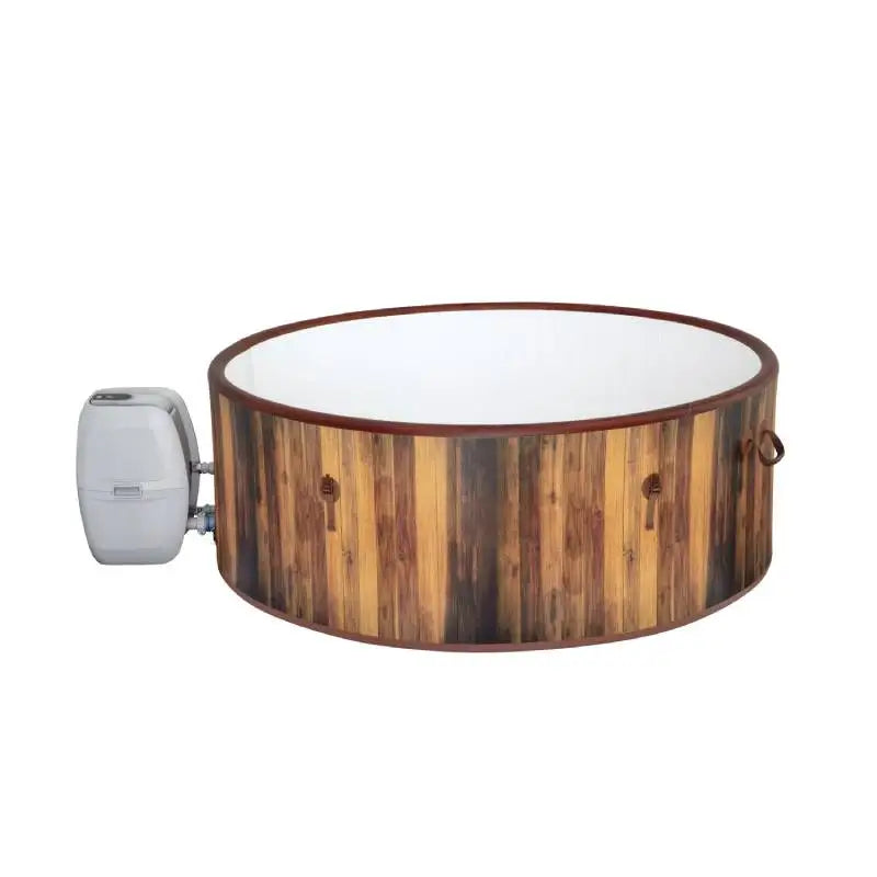 Introducing the Outdoor Spa Hot Tub—a round, freestanding outdoor spa with a charming wood-patterned exterior inspired by the timeless appeal of classic cedar hot tubs, and equipped with an attached silver-colored heating unit on the side.