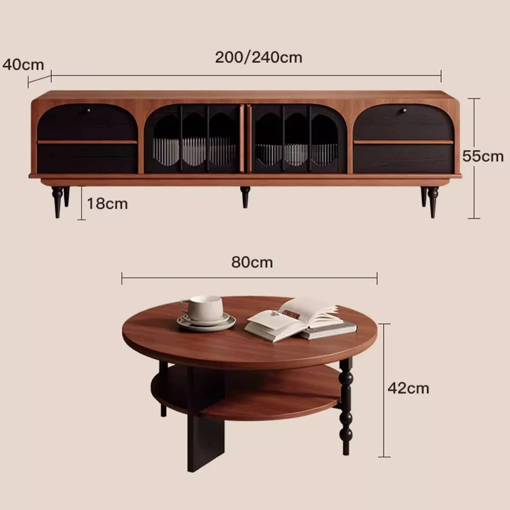 The Antique TV Cabinet Combo Set features a mid-century wooden sideboard (200/240x40x55cm) that doubles as storage and TV stand, paired with a round coffee table (80x42cm) topped with books and a cup, all shown with measurements.