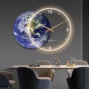 The Celestial Wall Clock Light, with its glowing outline, is superimposed on an Earth image to create unique home decor above a dining table with three chairs.