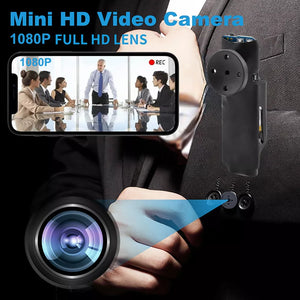 The Shirt Button SpyCam, ingeniously hidden within a suit button, records a business meeting in stunning 1080P. This real-time device exemplifies James Bond gadgetry at its best, offering discretion and high-quality footage. The text reads: "Mini HD Video Camera 1080P Full HD Lens.