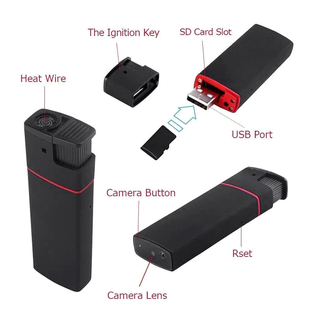 The SpyCam Lighter is a black device featuring a heat wire, ignition key, SD card slot, USB port, camera button, lens for hidden recording, and reset button—perfect for real-time video capture.