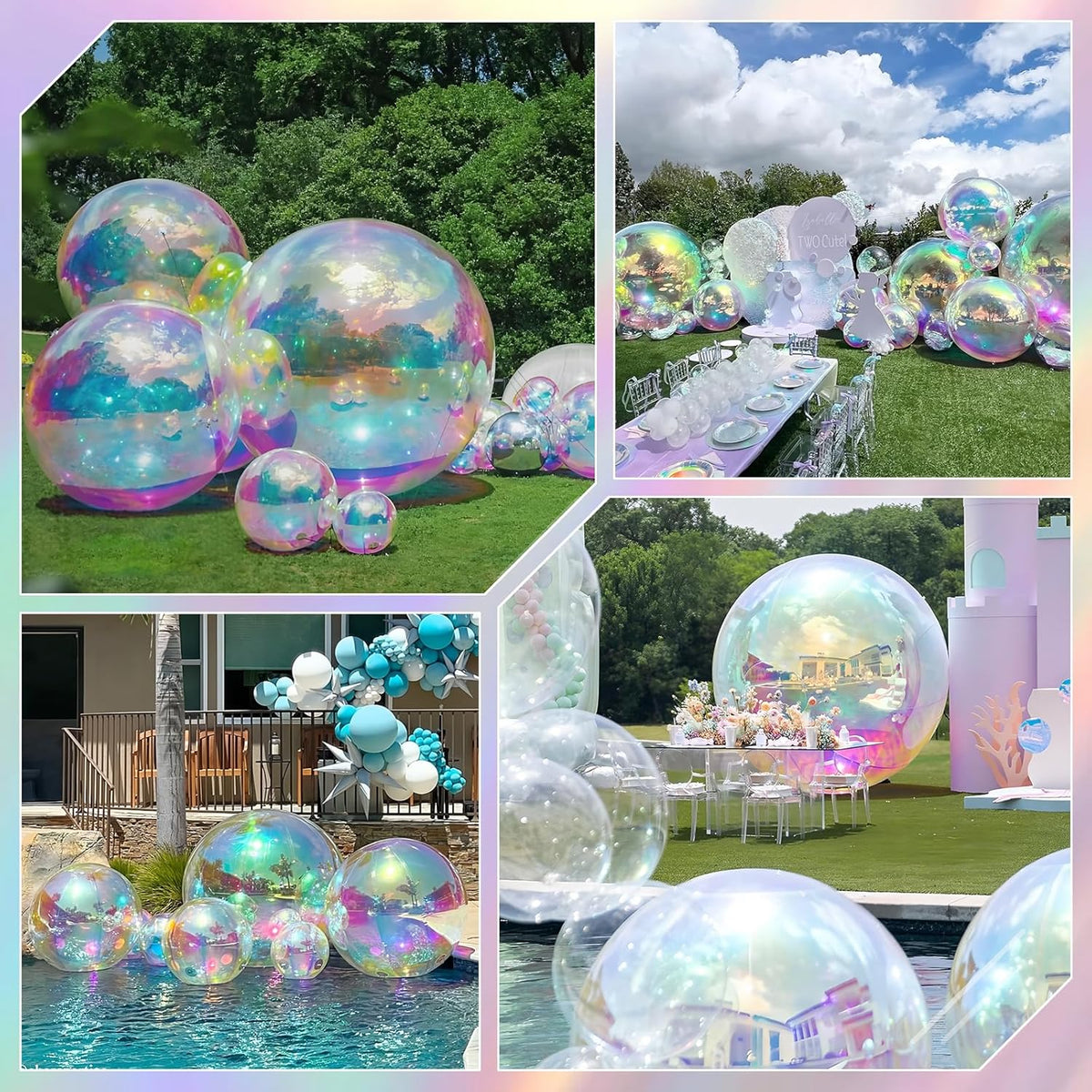 Collage of outdoor event setups showcasing Inflatable Gazing Ball as eye-catching garden decor on grass, unique pool decor by a pool, and vibrant accents around decorated tables.