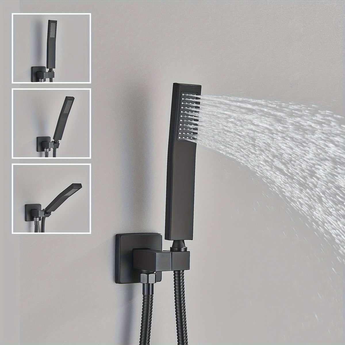 Experience a luxurious rainfall shower with the Black Wall Mounted Switch & Handheld Shower, shown here mounted on the wall and spraying water. Insets highlight the Black Wall Mounted Switch & Handheld Shower at various angles and positions in its sophisticated matte black finish.