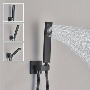 Experience a luxurious rainfall shower with the Black Wall Mounted Switch & Handheld Shower, shown here mounted on the wall and spraying water. Insets highlight the Black Wall Mounted Switch & Handheld Shower at various angles and positions in its sophisticated matte black finish.