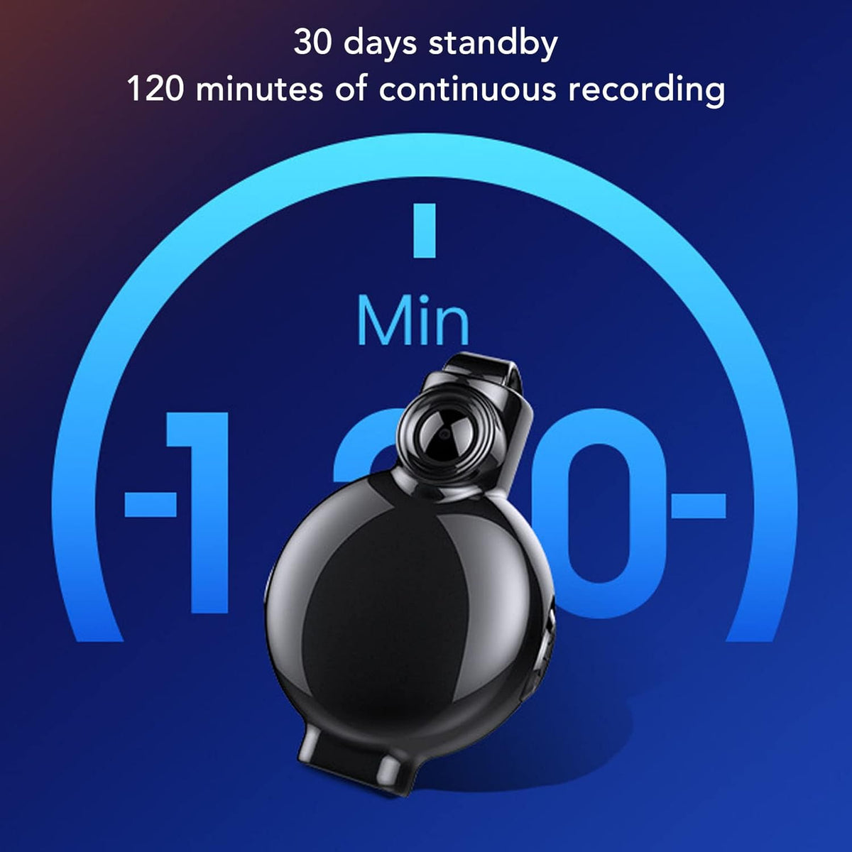 A compact black Necklace SpyCam is displayed with the text "30 days standby, 120 minutes continuous recording" on a blue background, emphasizing the discreet power of this hidden camera jewelry.