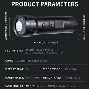 The Outdoor Flashlight SpyCam is a black cylindrical waterproof camera with labeled dimensions, 5MP lens, 120° wide angle, 1080p video (AVI), supports microSD up to 64GB, offers long battery life, and requires Windows system.