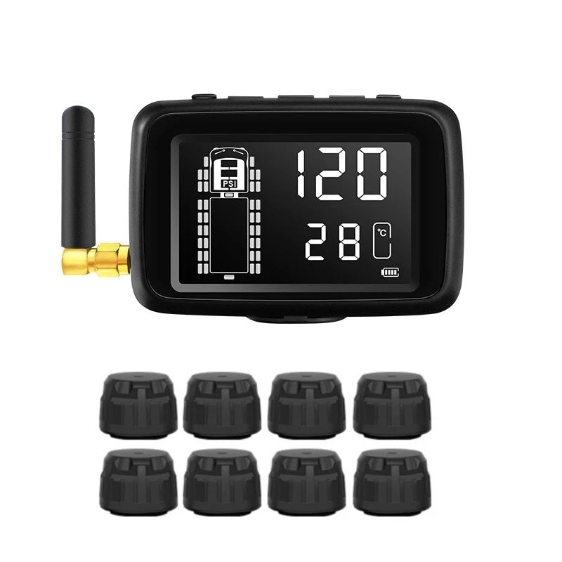 The Tire Pressure & Temperature Monitoring System features a compact display, boosting driving safety with an antenna and eight black sensor caps.