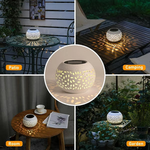 Collage featuring the Solar Orb Lamp, a white decorative lantern with cut-out patterns that evokes the style of a solar patio light, illuminated across four locations: patio, camping, room, and garden. Each scene highlights the lamp’s enchanting light effect.