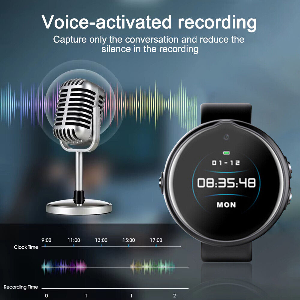 The Smart Watch SpyCam, featuring a vintage microphone and vivid soundwaves, displays the time and date while offering 1080P Full HD voice-activated recording for discreet continuous use.