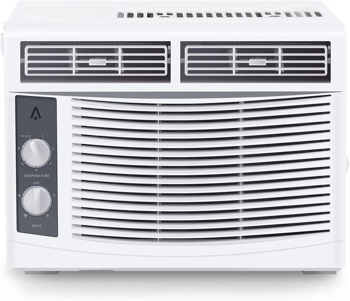 Front view of the Window Air Conditioner featuring dual vents, two control dials for temperature and mode, and a vented grille—perfect for efficient cooling in small rooms.