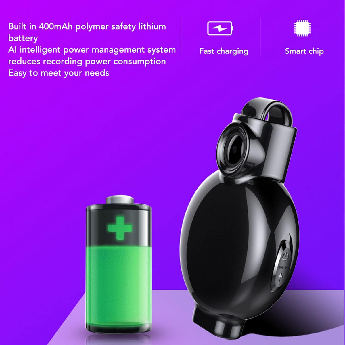 The Necklace SpyCam is a small black device with a lens, featured beside a green battery icon on a purple background, highlighting its fast charging and smart chip—ideal for discreet security.