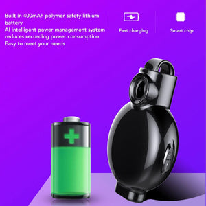 The Necklace SpyCam is a small black device with a lens, featured beside a green battery icon on a purple background, highlighting its fast charging and smart chip—ideal for discreet security.