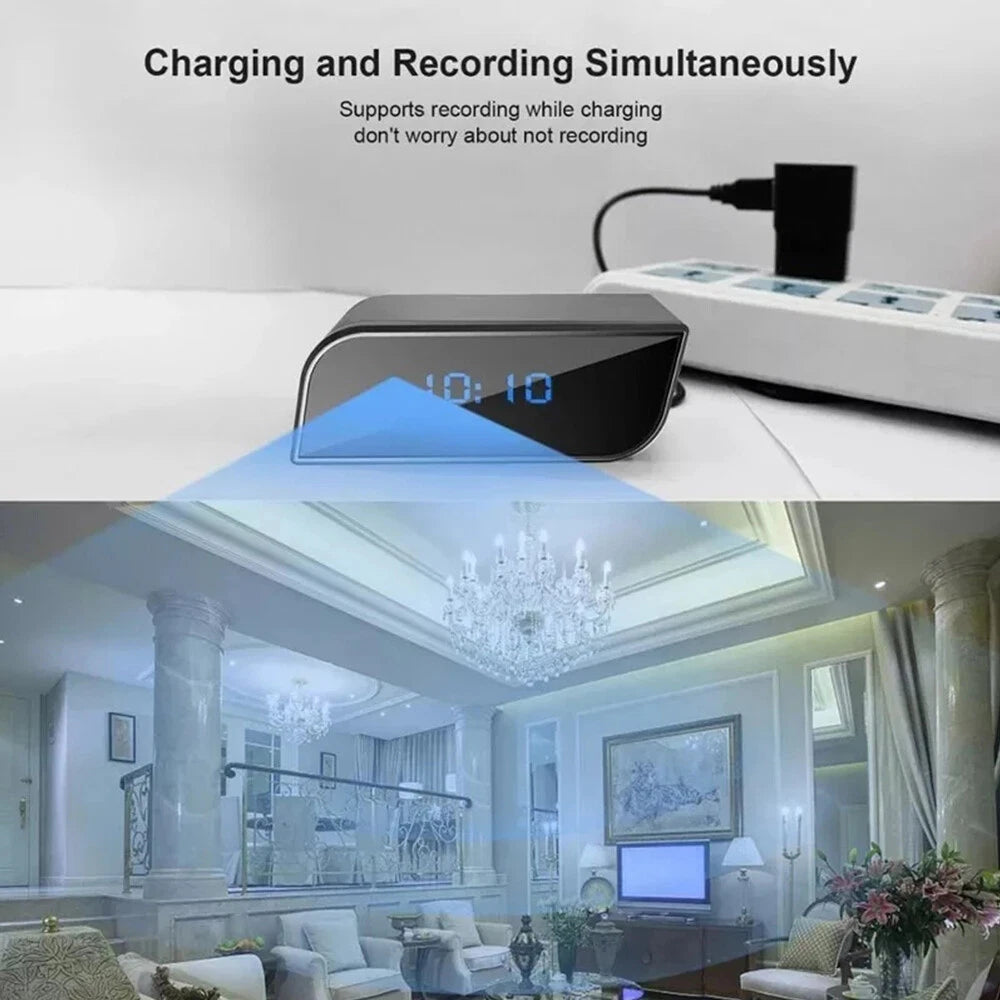 A SpyCam Camera Clock is plugged in and charging, with text noting it can charge and record at the same time; below, a living room is shown through the camera's view.
