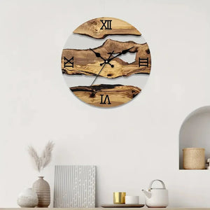 A Wood Circular Wall Clock featuring Roman numerals highlights a stunning live edge and natural wood grain design. Beneath it, a shelf exhibits decorative items, such as vases and a teapot, enhancing the organic style of the setting.