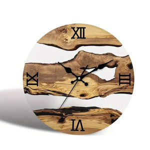 The Wood Circular Wall Clock exudes an organic style, showcasing live edge wood grain patterns. It features Roman numerals at 12, 3, 6, and 9 o'clock with sleek black hour and minute hands for a timeless appeal.