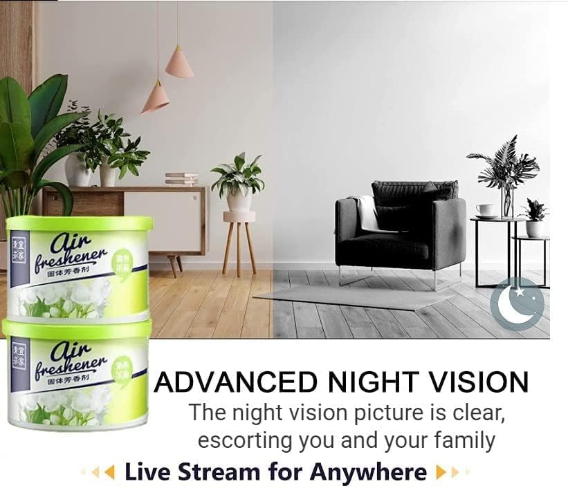 Image displaying two cans of air freshener with plants on a wooden floor next to a half-colored photo of a modern living room. The text promotes the advanced night vision and live streaming capabilities of the Fake Decorative Display SpyCam, cleverly disguising the hidden camera as part of your decor for discreet surveillance.
