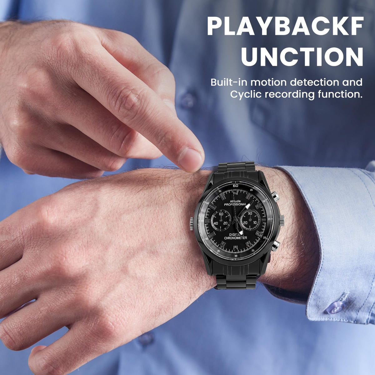 A person in a blue shirt points at a black Watch SpyCam on their left wrist. Text highlights the Watch SpyCam’s playback, motion detection, and cyclic recording features.
