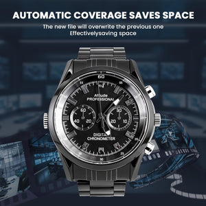 A Watch SpyCam in black is shown against a backdrop of video screens and film strips with the text: "AUTOMATIC COVERAGE SAVES SPACE.