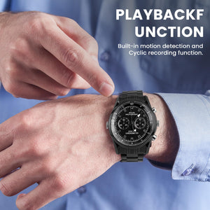 A person in a blue shirt points at a black Watch SpyCam on their left wrist. Text highlights the Watch SpyCam’s playback, motion detection, and cyclic recording features.