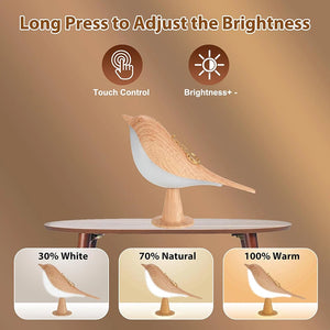 The Bird Table Lamp is a modern LED table lamp featuring touch control and brightness adjustment. With its stylish bird design, it offers three light settings: 30% white, 70% natural, and 100% warm.