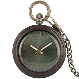The Handmade Vintage Pocket Watch features a wooden frame, gold hands, Roman numeral XII, and a top metal chain for classic style.