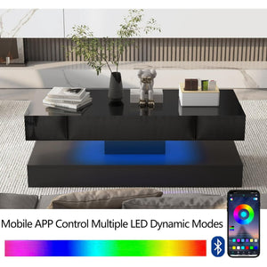 The Premium Coffee Table features a sleek modern design with hidden storage, decorative items on top, and a mobile app for customizing vibrant LED color modes shown at the bottom of the image.