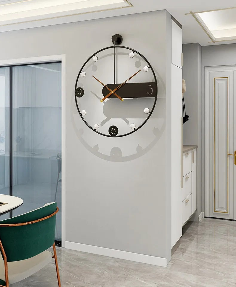 A living room with a modern Round Ring Wall Clock on the wall with tiny lights around the ring.