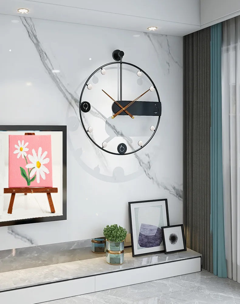A living room with a modern Round Ring Wall Clock on the wall with tiny lights around the ring.