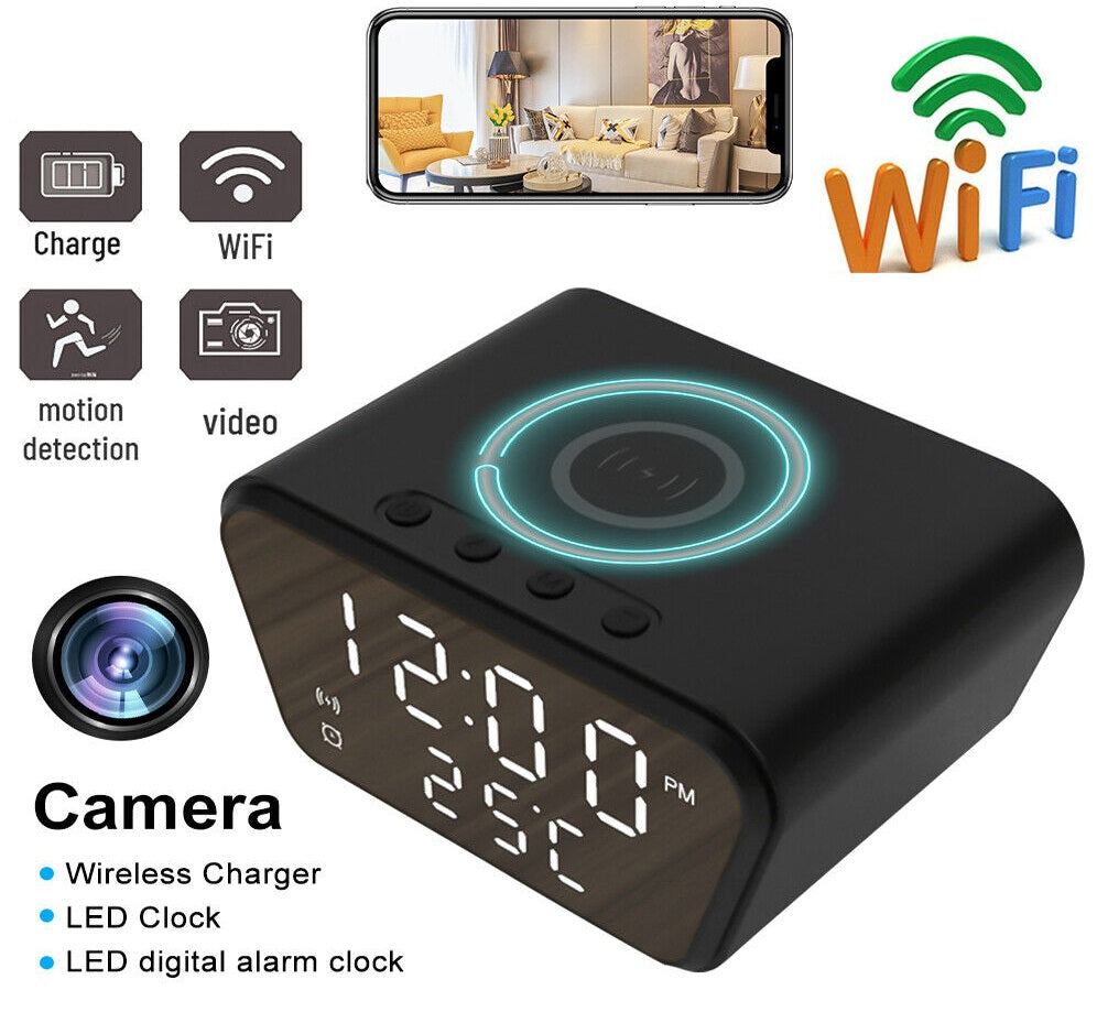 Digital alarm clock with integrated camera and discreet monitoring, featuring Wi-Fi connectivity and iPhone & Android support.