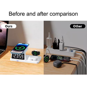 Side-by-side comparison: left shows the Clock Wireless Charging Station SpyCam with a phone on a wireless charging pad and watch neatly arranged; right shows a cluttered power strip with multiple chargers.