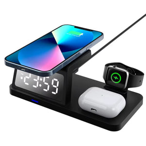 A stylish Clock Wireless Charging Station SpyCam holds a smartphone, smartwatch, and earbuds, all perfectly synced with its vibrant digital clock displaying 12:59.